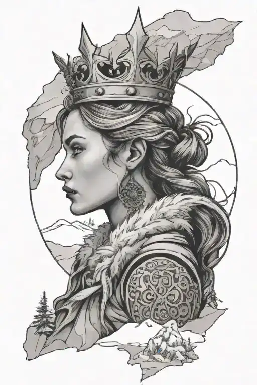 Woman Holding A Crown Behind A Snow Covered Mountain