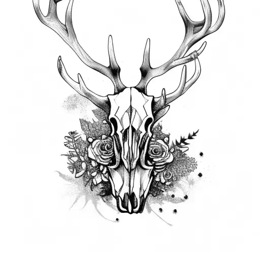 Stag Skull With Different Flowers Flowing Dowm