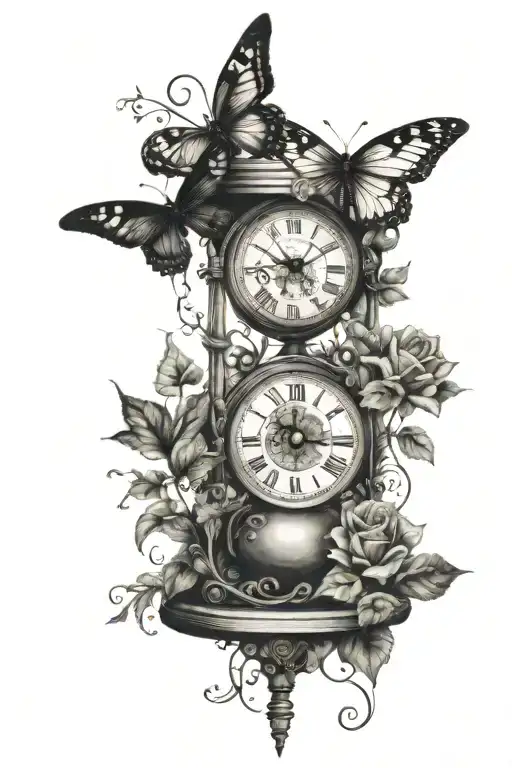 Hourglass Filled Butterfly Birds Wrapped With Ivy Vines And A Clock