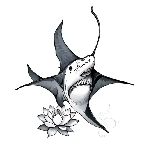 Manta Ray And Whale Shark With Lotus Flower