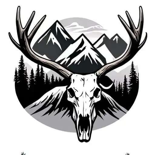 Moose Skull With Mountains In The Antlers Surrounded