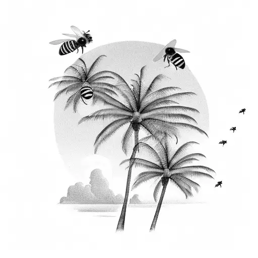 A Playful Scene Of Bees Flying Over A Palm Tree On A Tropical Beach