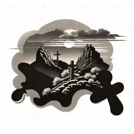 3 Crosses In Mountain Landscape At Sunset