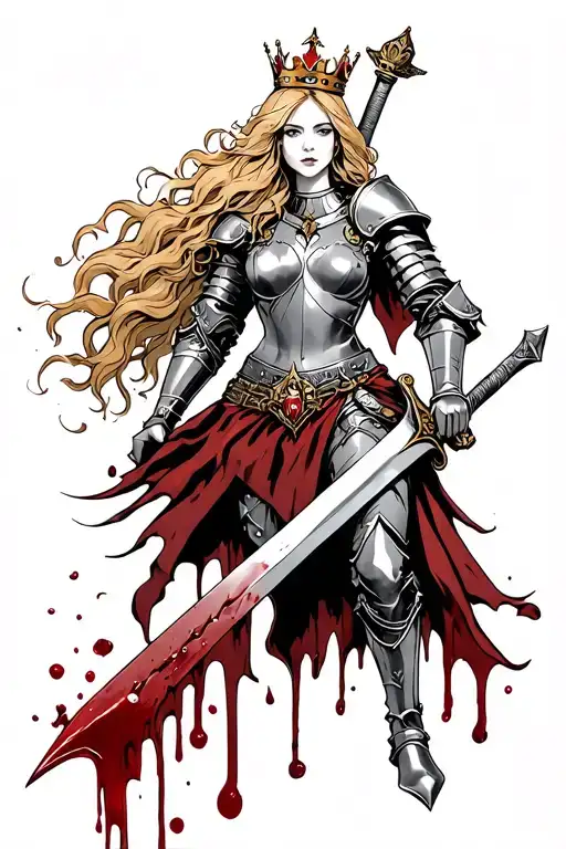 Ginger Female Knight Wearing A Crown And A Bloody Sword