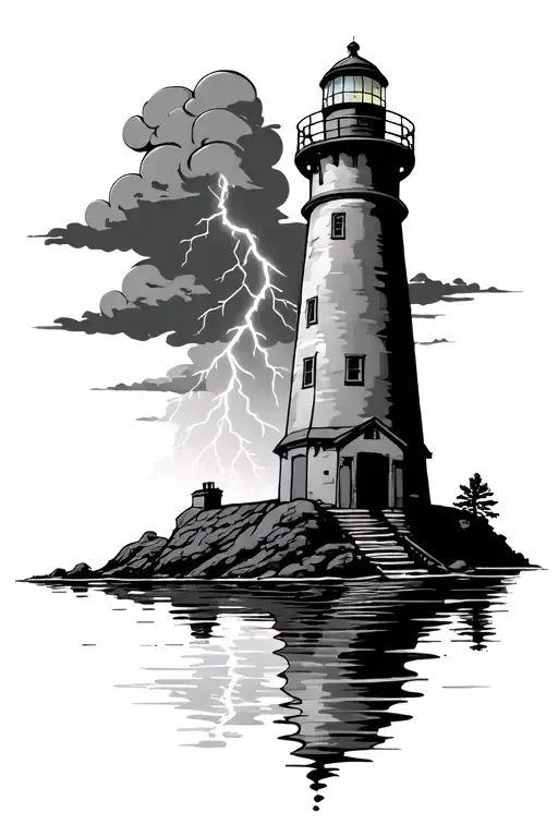 Lighthouse Surrounde By Thunderclouds And Lightning With Its Own Reflection In The Water