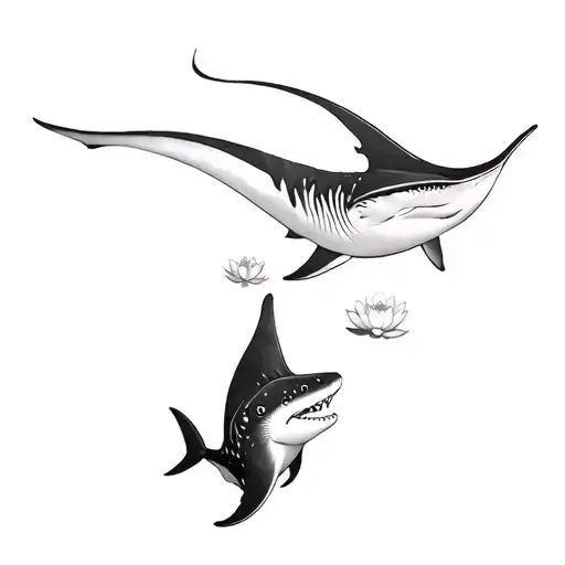 Manta Ray And A Whale Shark Swimming With Lotus Flower