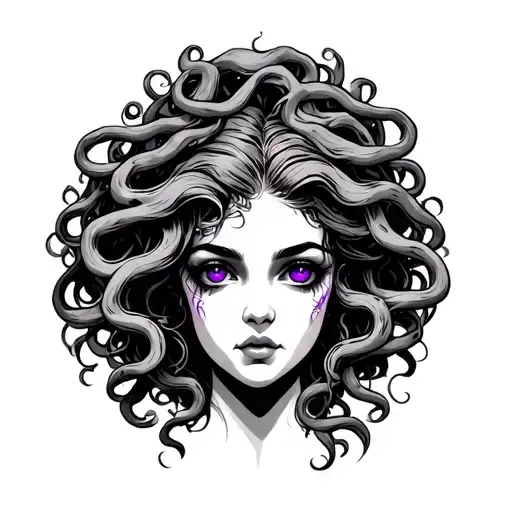 Archeology Medusa Tattoo With Beautiful Purple Eyes And Sexy Woman Face