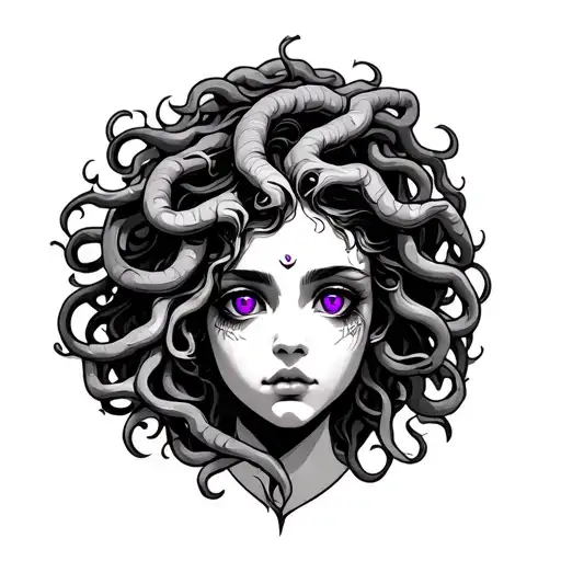 Archeology Medusa Tattoo With Beautiful Purple Eyes And Sexy Face