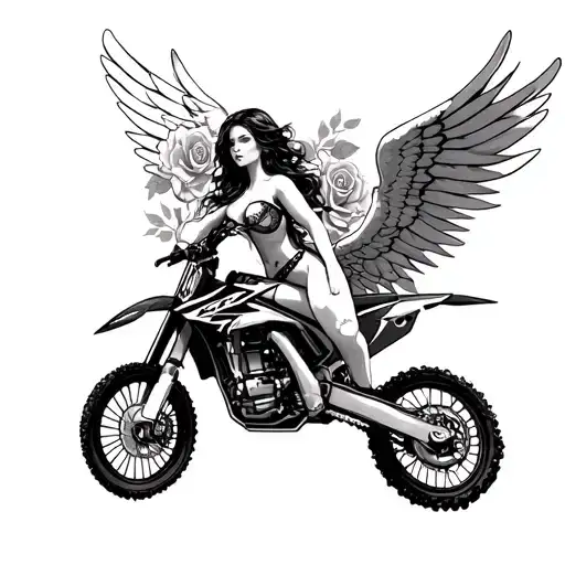 Female Angel On Motocross Backround With Roses