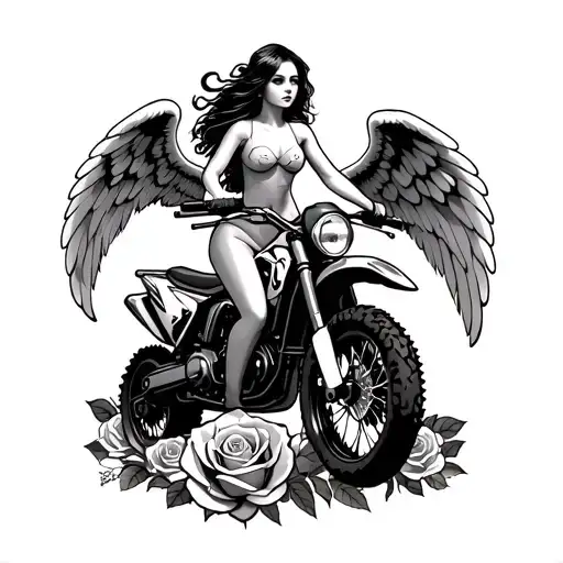 Female Angel On Motocross Backround With Roses
