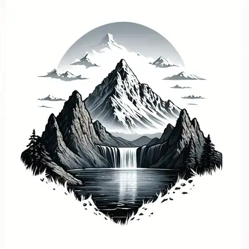 Mountain Peaks And Waterfall