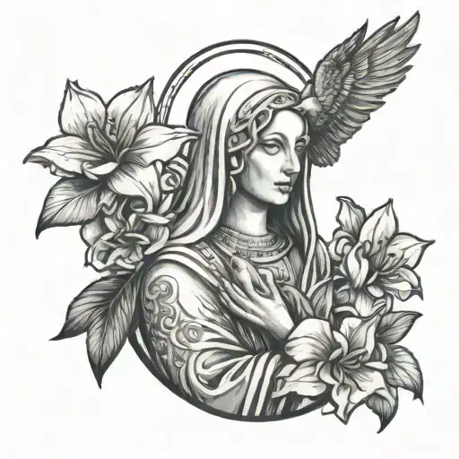 Virgin Mary Holding Orchids With Pigeon On Her Shoulder