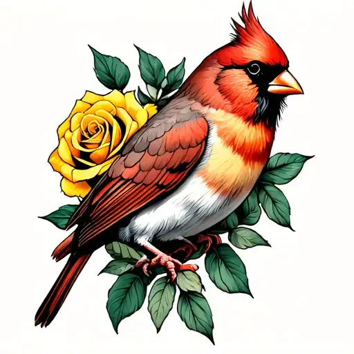 Cardinal Perched Yellow Rose With Jesus Forearm