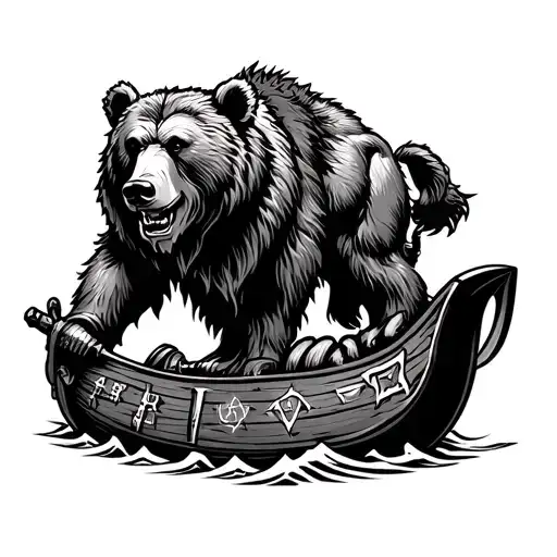 Tattoo Template Viking With A Bear Connected And A Viking Ship And Runes In Black And White