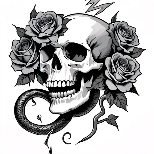 Skull With Roses And A Snake With Lightning