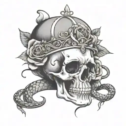 Skull Wearing A Tiara Surrounded By Roses With A Snake Coming Out The Mouth