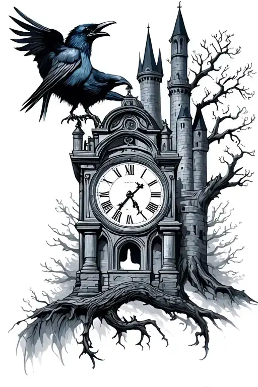 Raven And Clock And Tree And Worrier And Castle