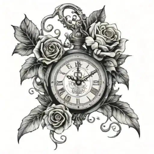 A Clock Mechanism Morphing Into A Vine With Roses And Bible Verses Intertwined