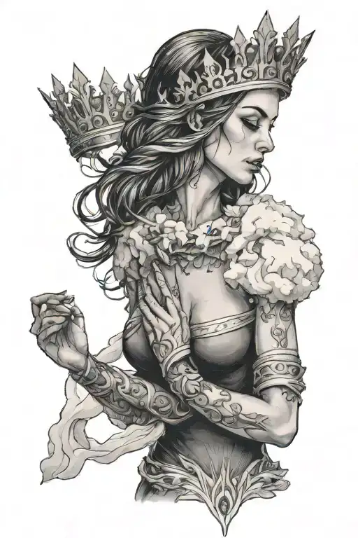 Woman Holding A Crown In Her Hand Standing Behind A Snow Covered Mountain