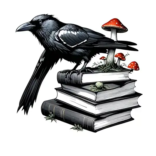 Stack Of Books With Raven Standing On Top Mushrooms Growing Around Books