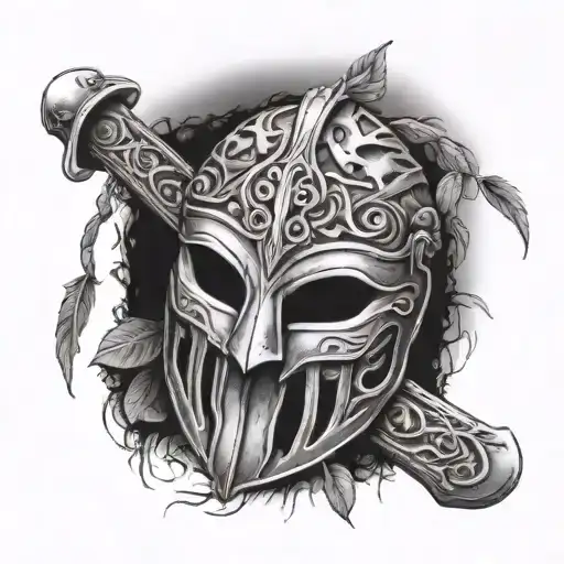 Discarded Gladiator Movie Mask Resting At The Base Of A Weeping Willow Tree With A Roman Sword