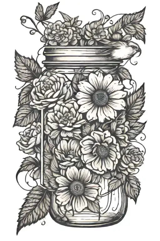 Line Work Mason Jar Flowers Strawberries And Birds