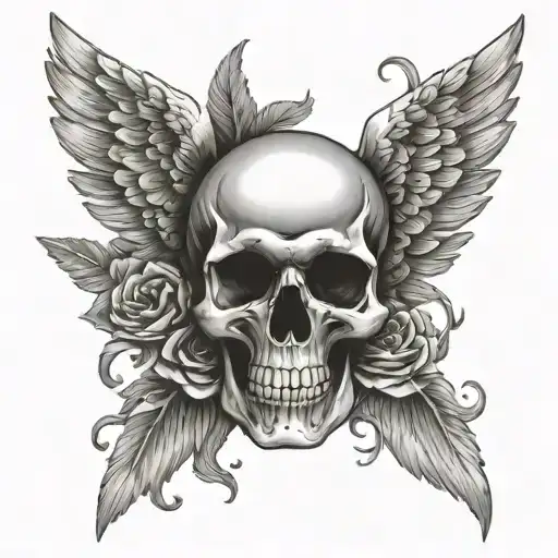 Skull With Mythical Angels Wings Background Black And White