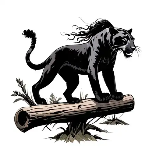 A Female African Warrior Petting A Black Panther Walking On Log