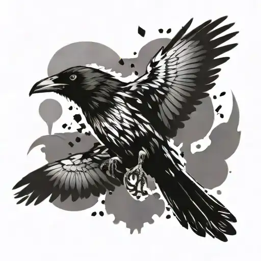 Crow Flying With Ink Blots On Wings And Tail Feathers