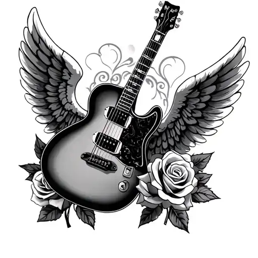 Personalized Memorial Tattoo Of Guitar With Angel Wings & Roses
