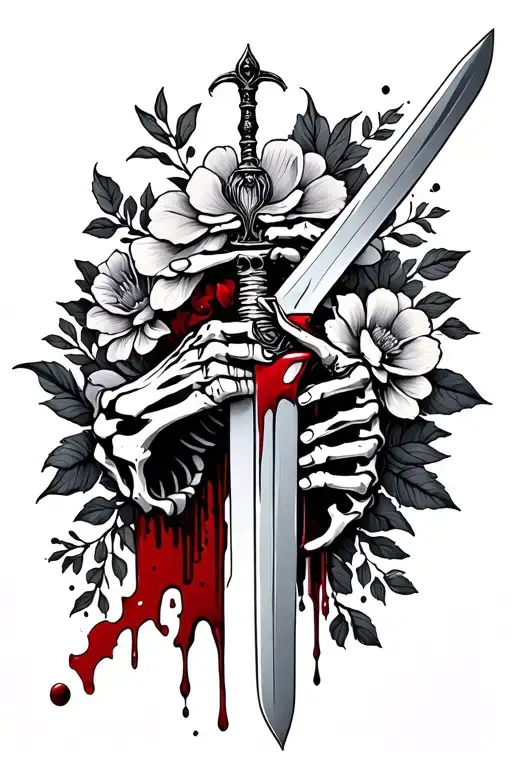 Spine Tattoo Skeleton Hand Holding A Sword Dripping Blood With Flowers