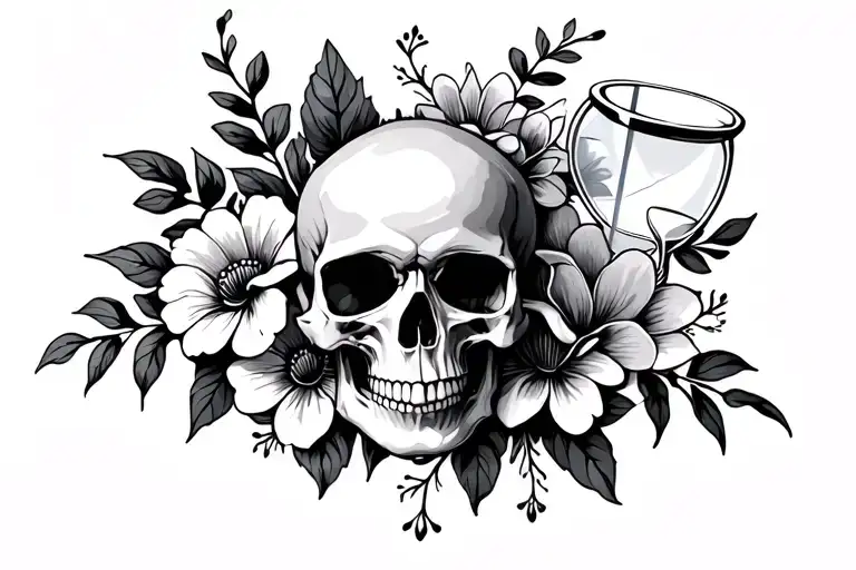 Skull Centwr Next To Hourglass And Flowers Intertwined