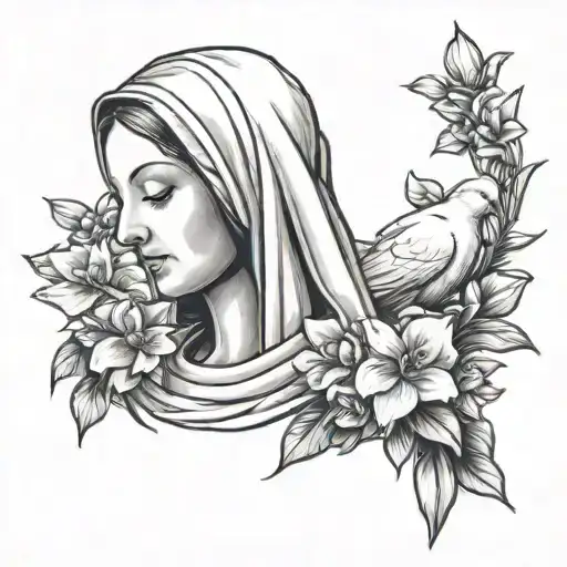 Virgin Mary Holding Orchids With White Pigeon On Her Shoulder