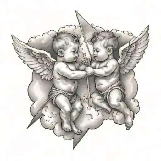 Two Baby Angles Pointing Arrows At Eachother Surrounded By Clouds