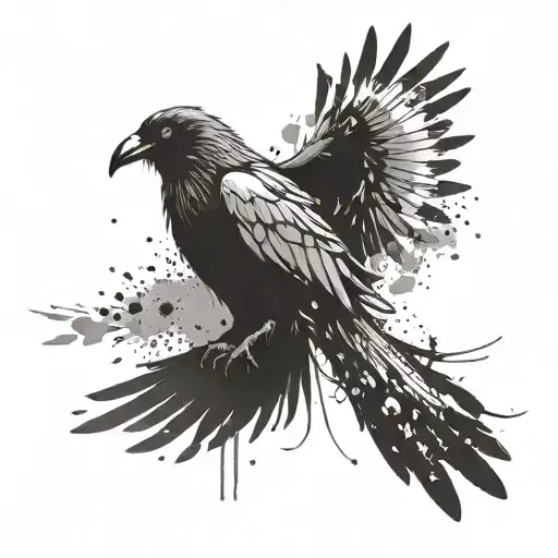 Crow With Ink Blots On Wings And Tail Feathers