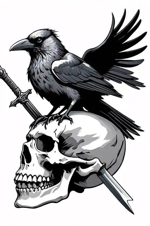 Crow Sitting On Skull With And Long Sword Stabbed Into It
