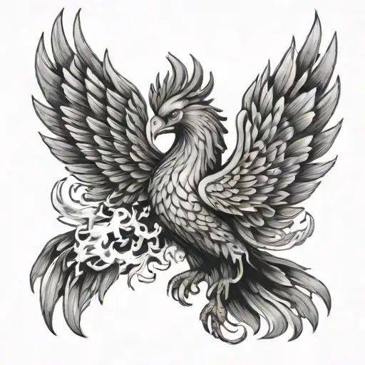 A Realistic Black And Grey Portrait Of A Phoenix With Flames Engulfing Its Wings