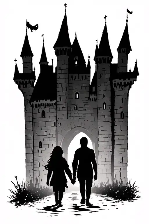 Two Parent Silhouettes Walking Child Toward Castle Gothic