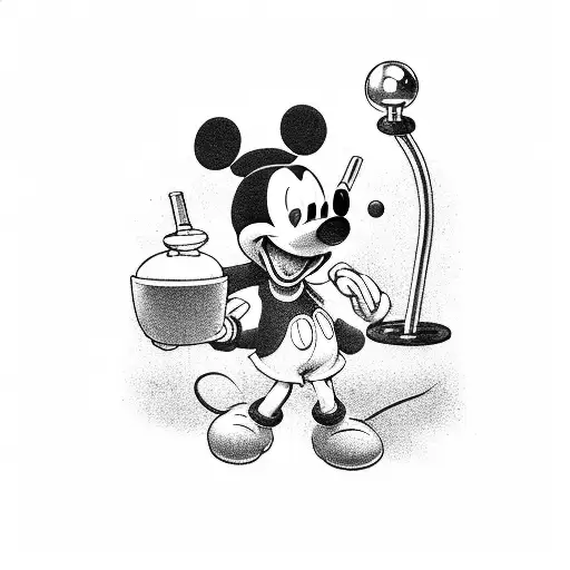 A Minimalist Black And Grey Tattoo Of A Mickey Mouse Glove Holding A Cocktail Shaker