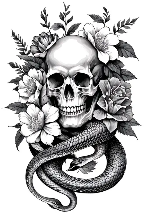 Skulls And Flowers Intertwined With A Snake Wrapped
