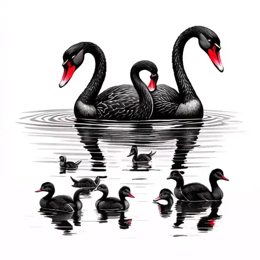 Two Black Swans Facing Each Other Swimming Gently With Several Ducklings