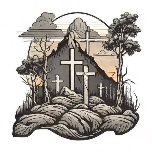 3 Crosses In Mountain Landscape At Sunset More Simple