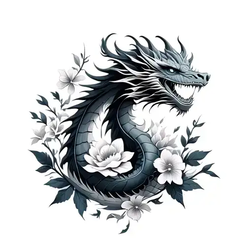 Minimalist Dragon And Flowers Tattoo