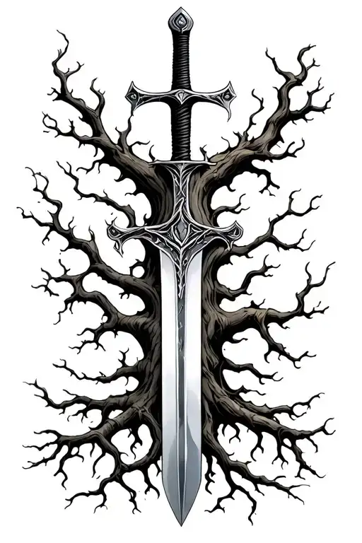 Tree Of Life Roots Forming Handle Of A Sword