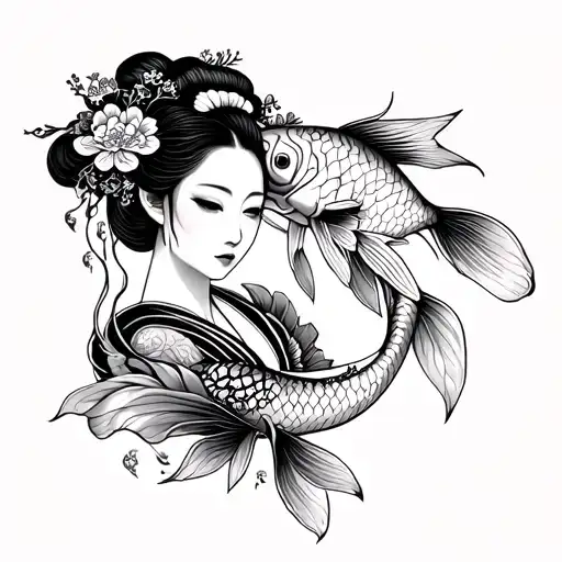 Geisha And Koi Fish