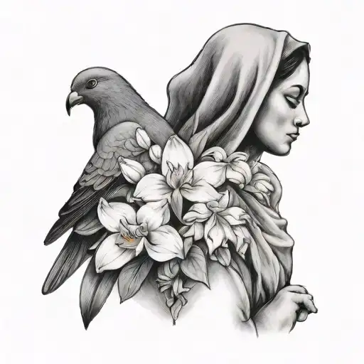 Virgin Mary Holding Orchids With Pigeon On Her Shoulder