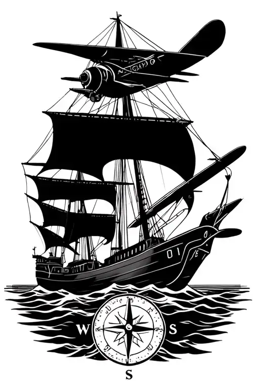 Compass Ship Plane Flying Across