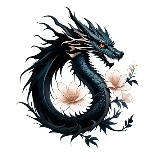 Minimalist Dragon And Flowers Tattoo