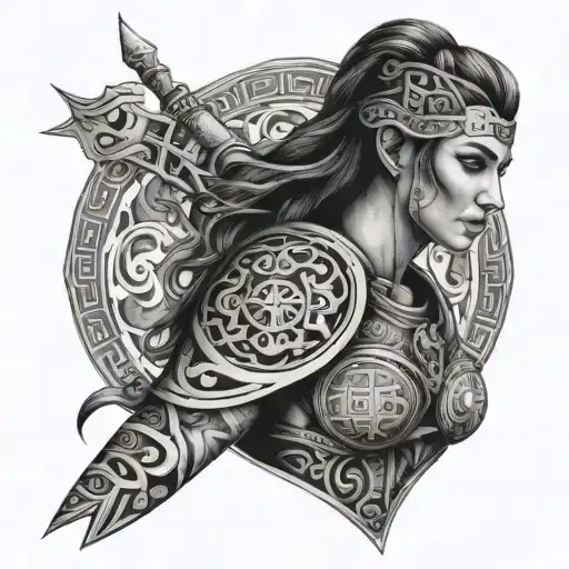 A Female Warrior With Intricate Greek Patterns And Symbols