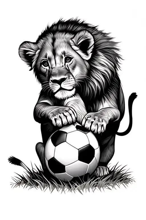 2 Lion Cubs In Profile Playing With A Soccer Ball On Grass